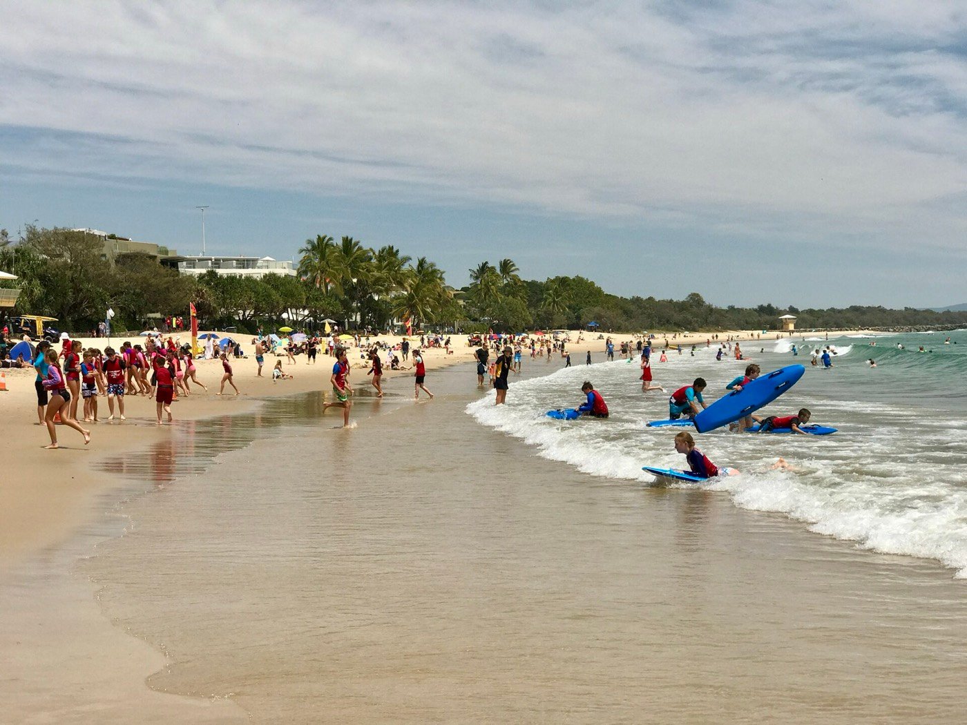 Kids riding whitewater waves on soft-top surfboards near the shore