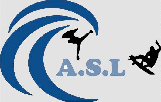 Association Surf Larache logo: a blue wave with two surfers and the letters A.S.L